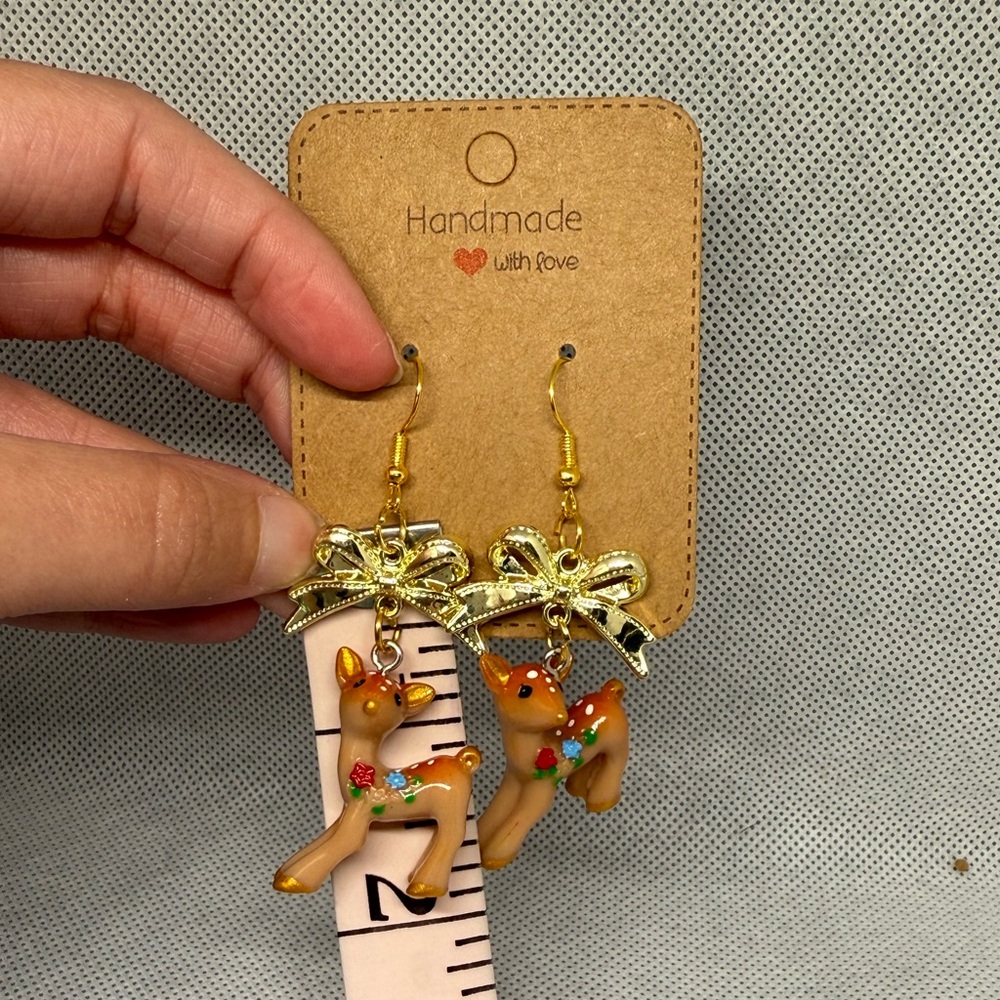 Handmade Golden Bow Reindeer Earrings - Picture 4 of 6
